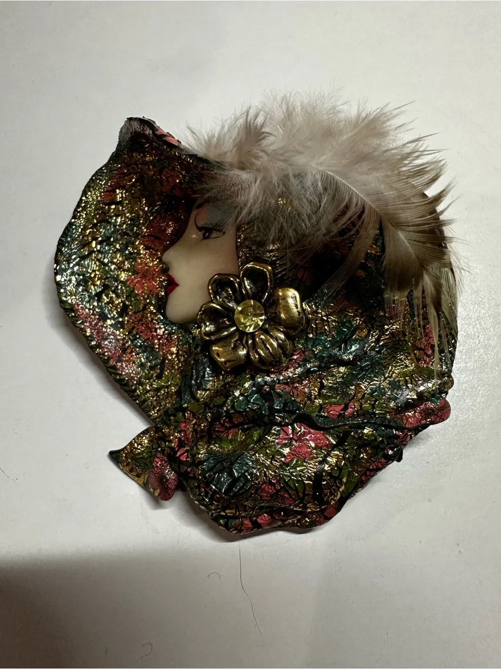 Vintage 80s Signed Brown Sugar Hand Painted Leather Lady Face Brooch - Feather &